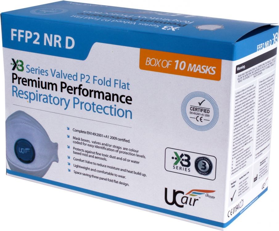 Ucair UCFX3-P2V - X3 Series (U.o.m. Box of 10) Disposable tri-fold valved FFP2 NR D fold flat mask (APF 10)