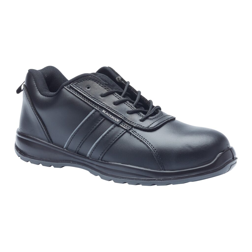 Blackrock Corona Safety Trainer (SF57) is a durable, lightweight, wide-fit, black leather work trainer with steel toe-cap and protective midsole