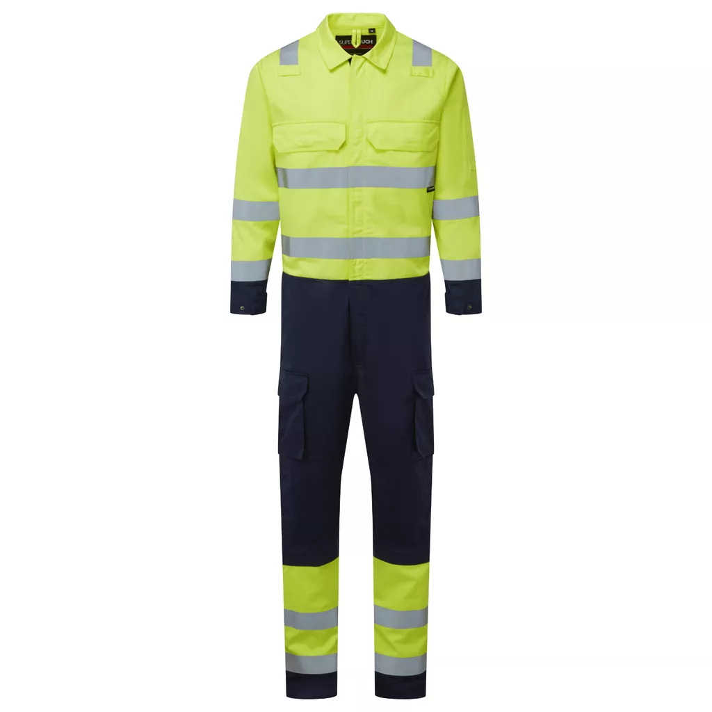 Weld-Tex® Hi-Vis FR Anti-Static Yellow/Navy Coverall 98% Cotton / 2% Carbon, 280gsm
