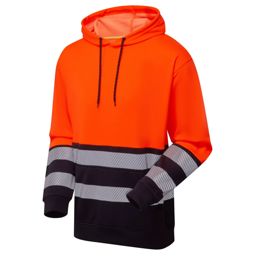 Essentials Hi-Vis Eco Cotton Hoodie – Orange/Navy High Visibility Workwear 100% GRS Recycled 75% Polyester 25% Cotton - 270gsm