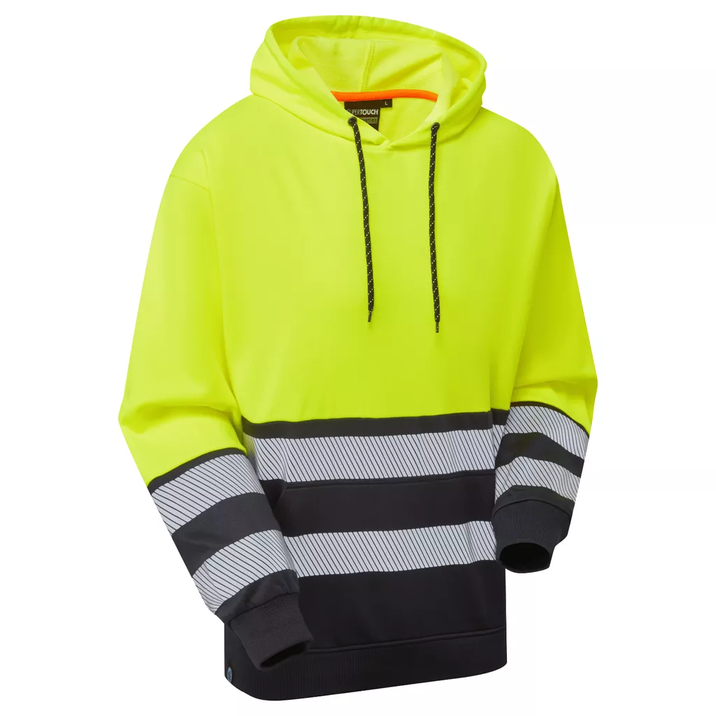 Essentials Hi-Vis Eco CottonCool Yellow/Navy Hoodie 100% GRS Recycled 75% Polyester 25% Cotton - 270gsm