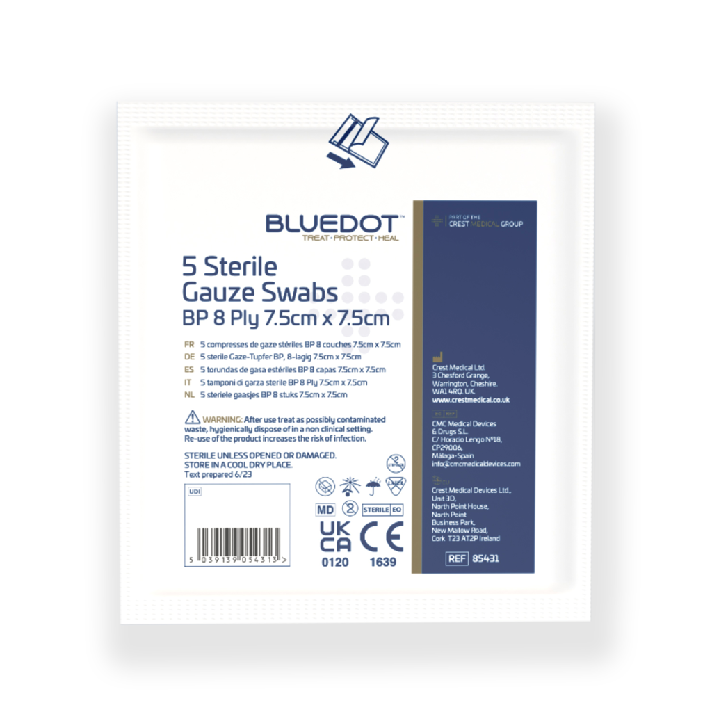 Blue Dot 7.5cm x 7.5cm Sterile Gauze Swabs (Pack 5)